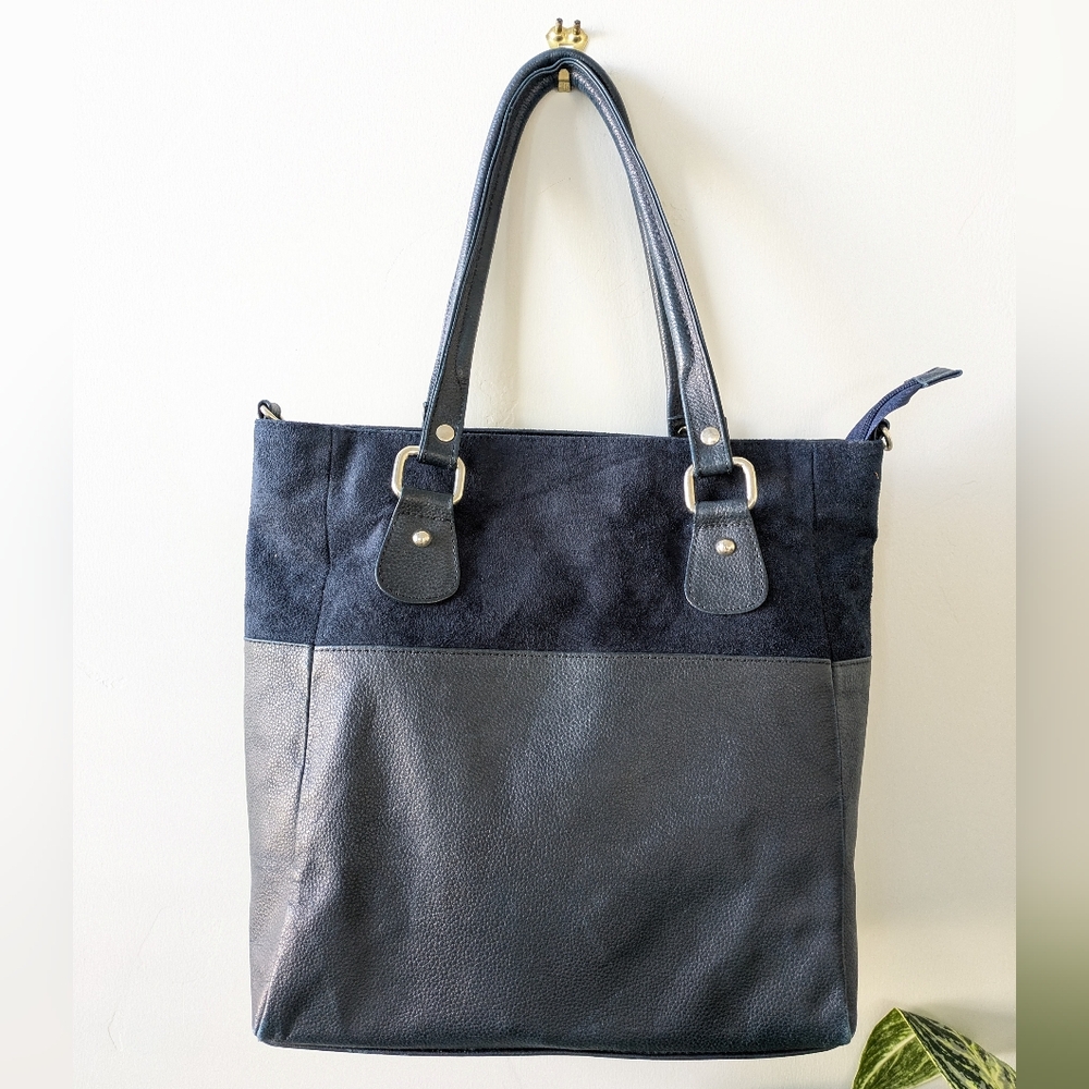 Leather And Fabric Navy Blue Tote Bag